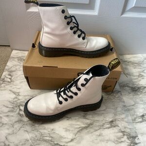 Dr. Martens White Leather Lace-Up Combat Boots with Black Trim